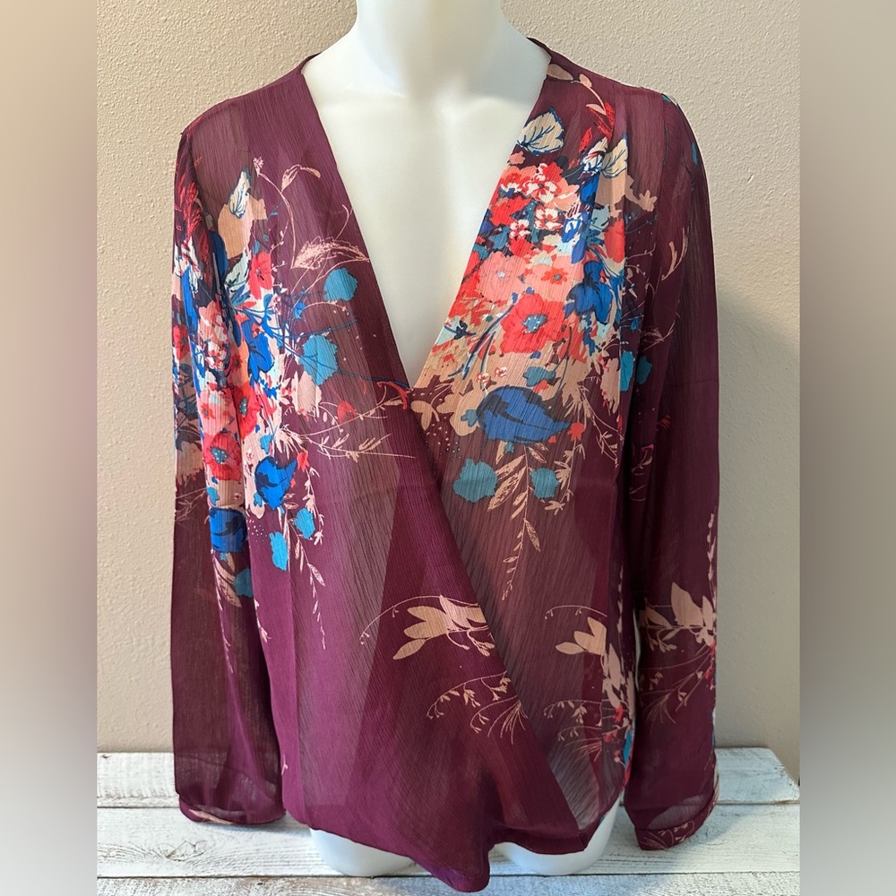 Floral Griffin 3/4 Sleeve Surplice Semi-Sheer Blouse - NWT